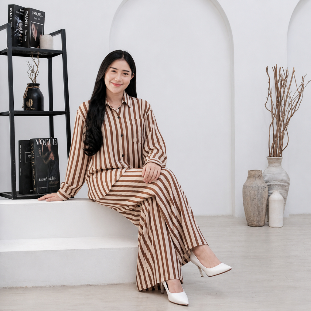 Salur Setelan Kemeja & Celana Garis Elegan