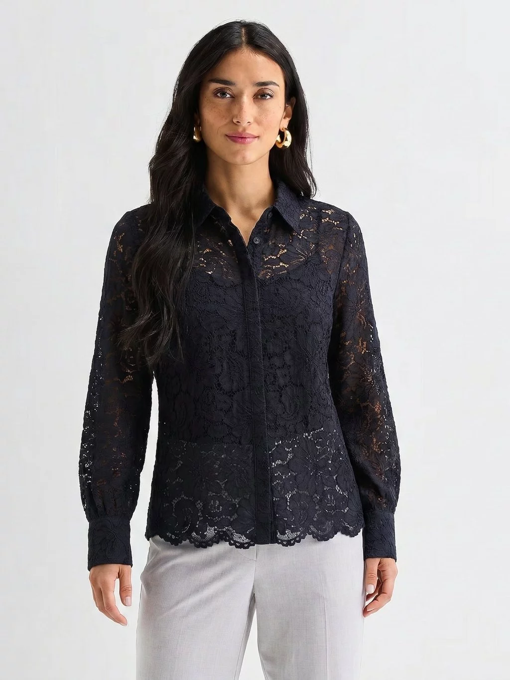 Kemeja Lengan Panjang Brukat WTH Lace Long-Sleeved Blouse - 2234