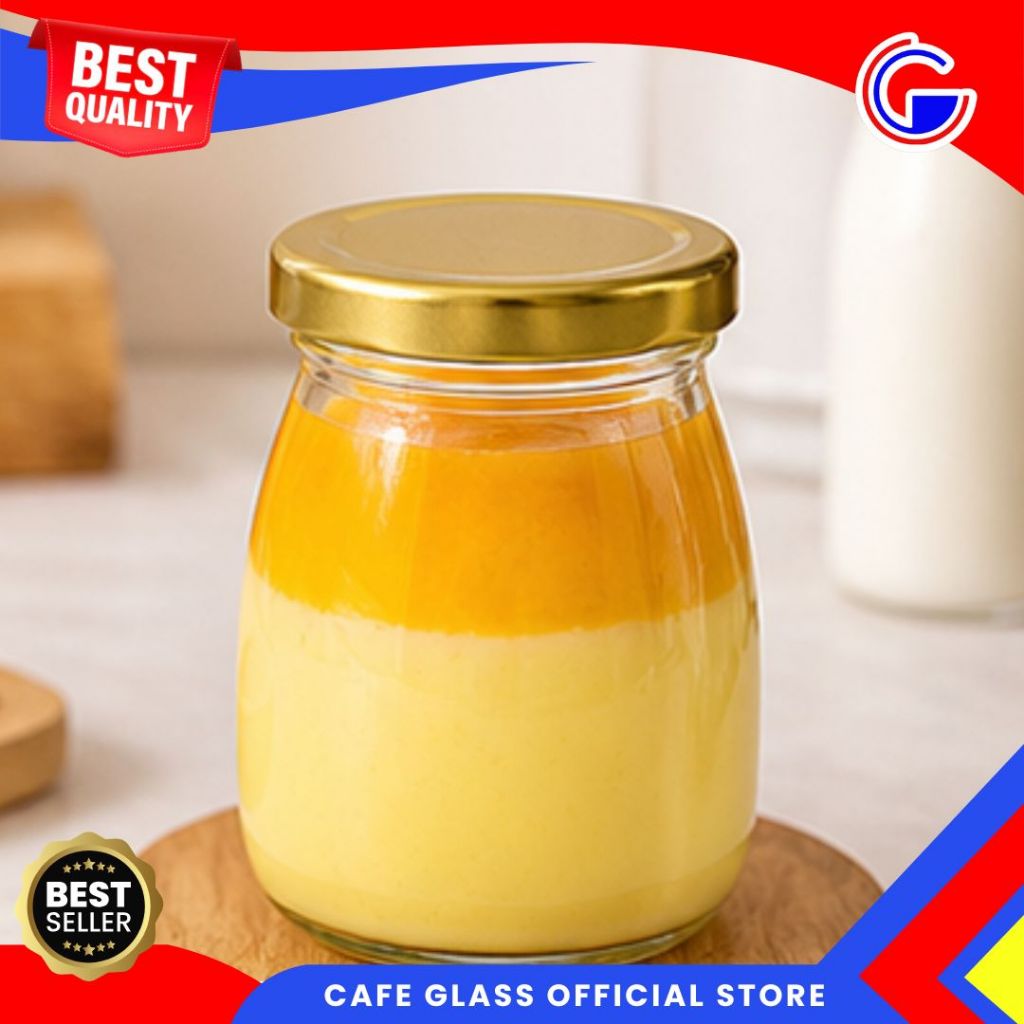 Botol Kaca Mini Tutup Gold 200ML - Botol Jar Pudding Susu - Botol Kaca Mini Serbaguna Tutup Ulir Gold