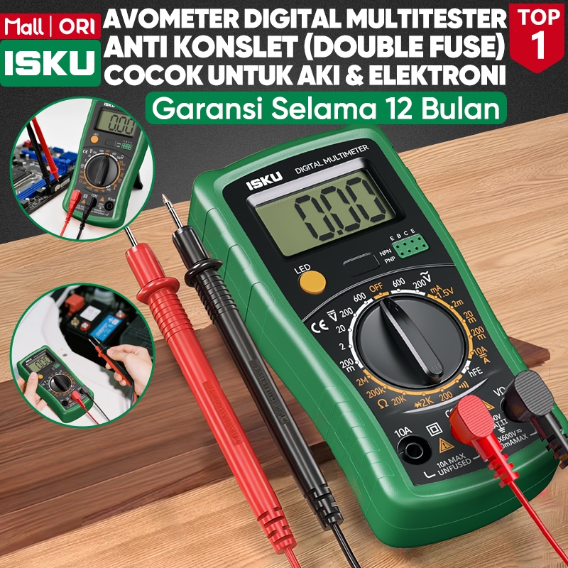 ISKU Multimeter Digital Avometer Multitester Layar Backlight HD Alat Ukur Tegangan Arus Listrik AC DC Ohm Dioda Tester Listrik Anti Konslet Double Fuse Perkakas Teknisi Otomotif Cek Kabel Putus Buzzer Keras Probe Presisi 1.9mm