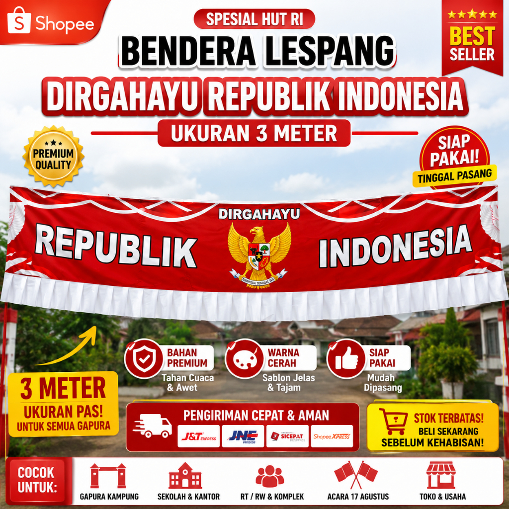 Bendera Lespang Gapura HUT RI 3 Meter | Banner Dirgahayu Republik Indonesia | Dekorasi 17 Agustus Premium Siap Pakai