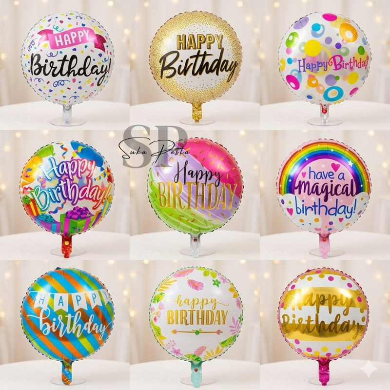 BALON BULAT MOTIF HAPPY BIRTHDAY 40CM / BALON FOIL BULAT HBD PART 2