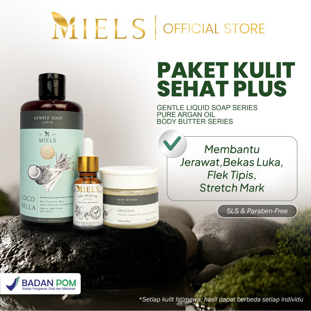 Miels - Paket Kulit Sehat Plus (Gentle Liquid Soap Series 500ml , Pure Argan Oil 20 ml dan Body Butter Series 100gr)