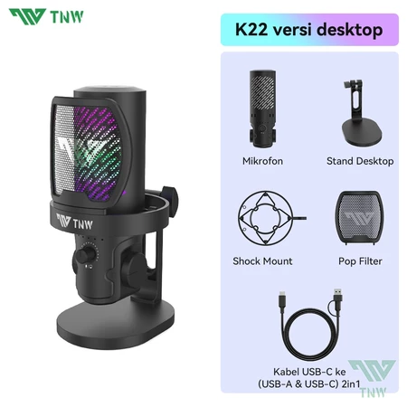 TNW K22 Condenser Microphone Dengan AI Noise Reduction Desktop Microphone With Pop Filter & RGB Podcaster Streaming Gaming