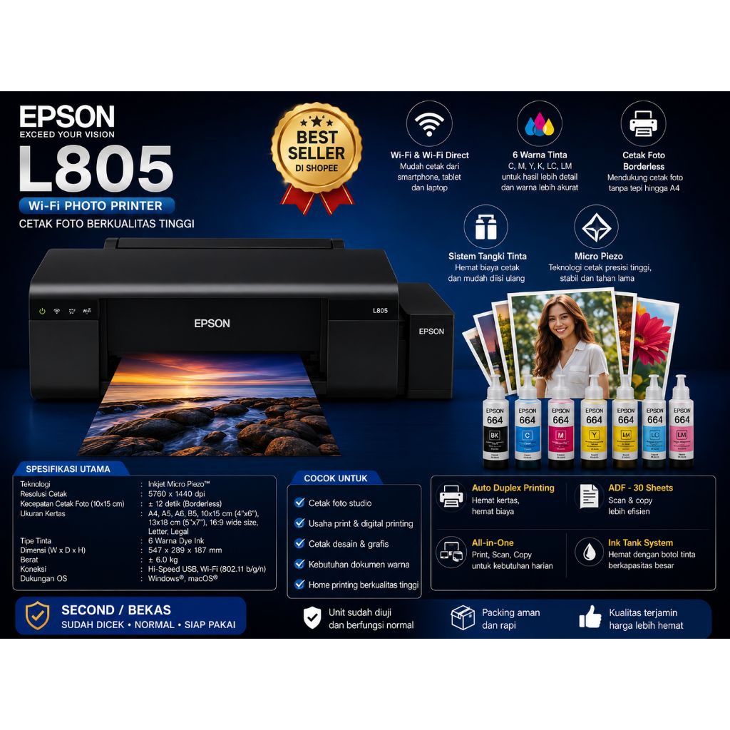 Jual Epson L805 Bekas Mulus | Printer Foto WiFi 6 Color | Shopee Indonesia