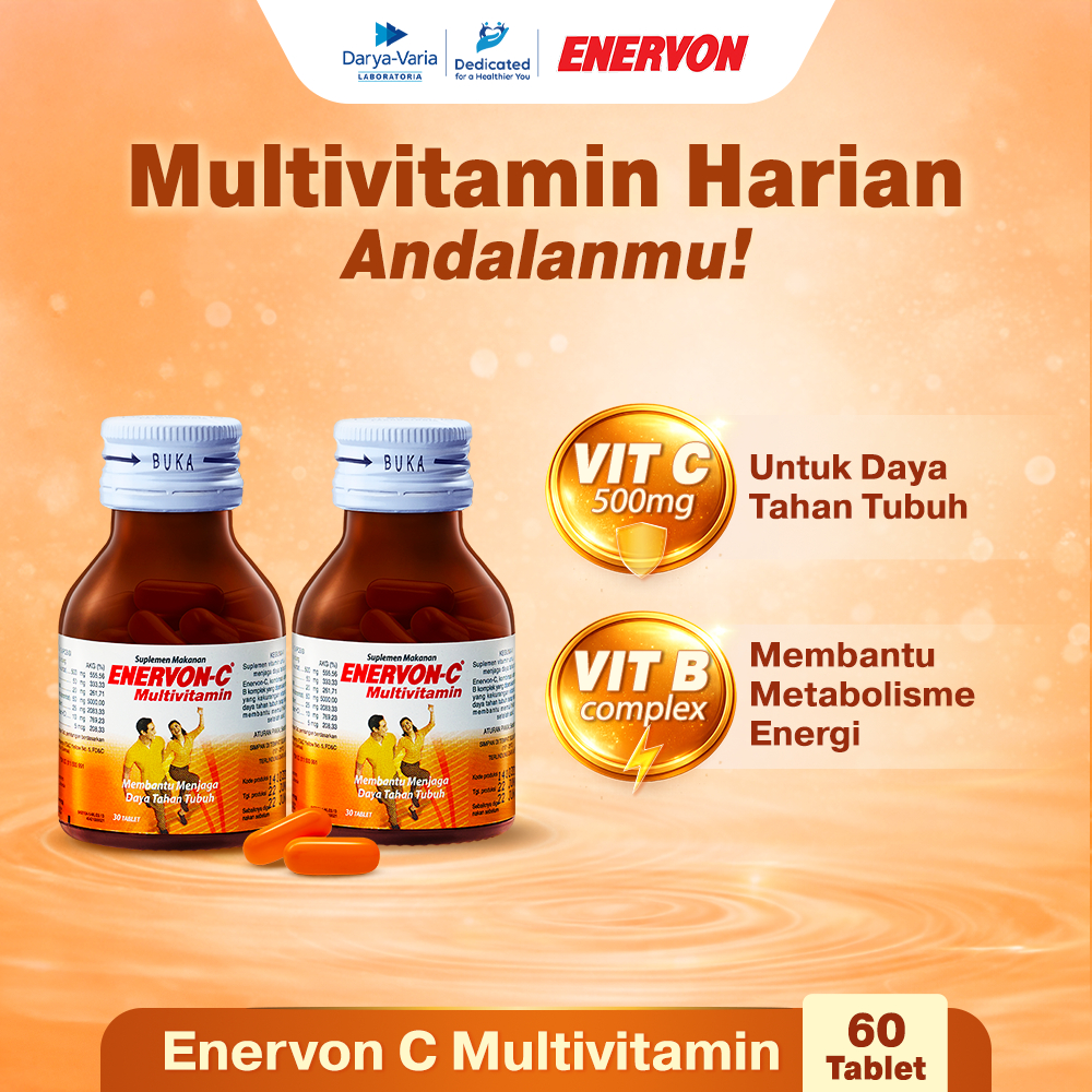Enervon-C Vitamin C dan B Complex Isi 60 Tablet (2 Botol x 30 Tablet) - Suplemen Multivitamin untuk Kesehatan dan Daya Tahan Tubuh