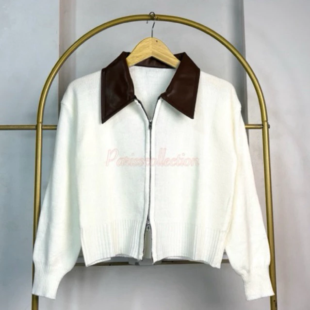 CLARA_| pariss sweater rajut dobble ziper kerah kulit polos - foto 1