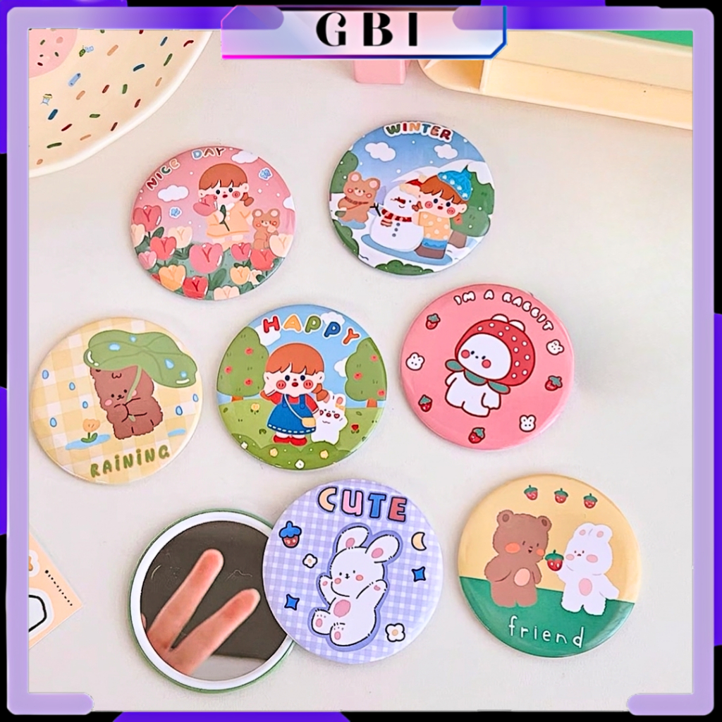 GBI Cermin Bulat Karakter Kaca Cermin Make Up Mini Kaca Travelling Motif Lucu Kaca Mini Travel Size
