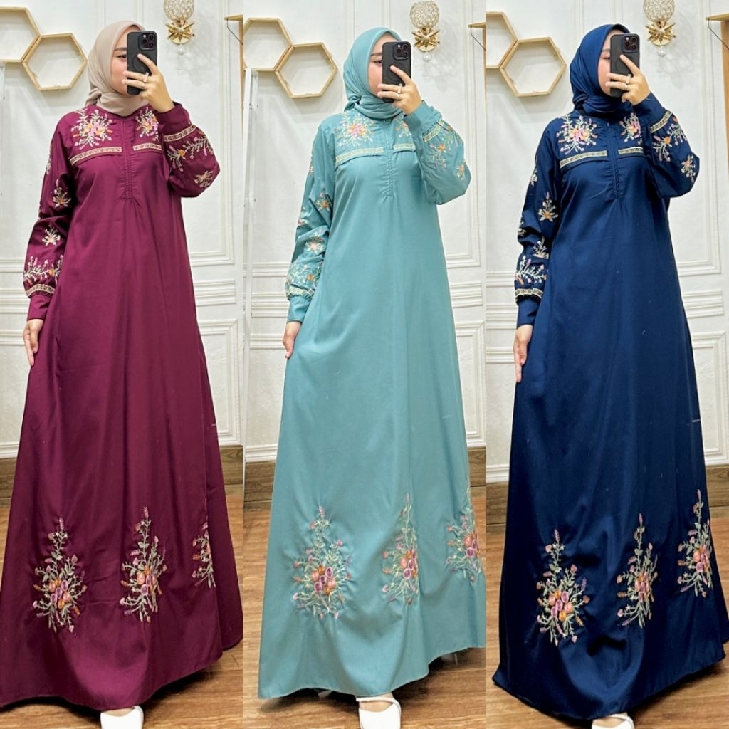 dungkan.id - KHADIJAH SERIES GAMIS BORDIR BAHAN KATUN TOYOBO FODU MODEL DRESS WANITA MUSLIM TERBARU