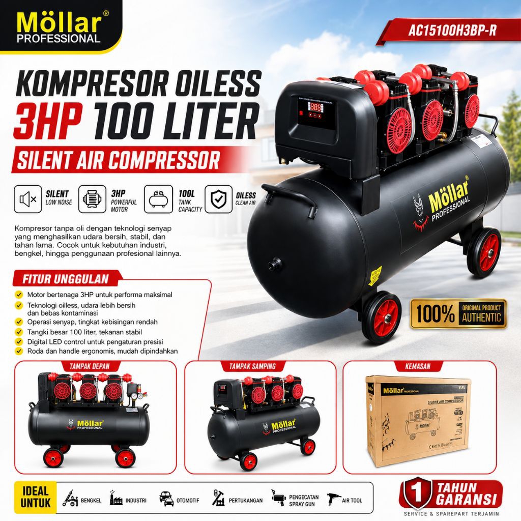 Jual Kompresor Oiless 3HP 100 Liter MOLLAR AC15100H3BP-R Silent ...
