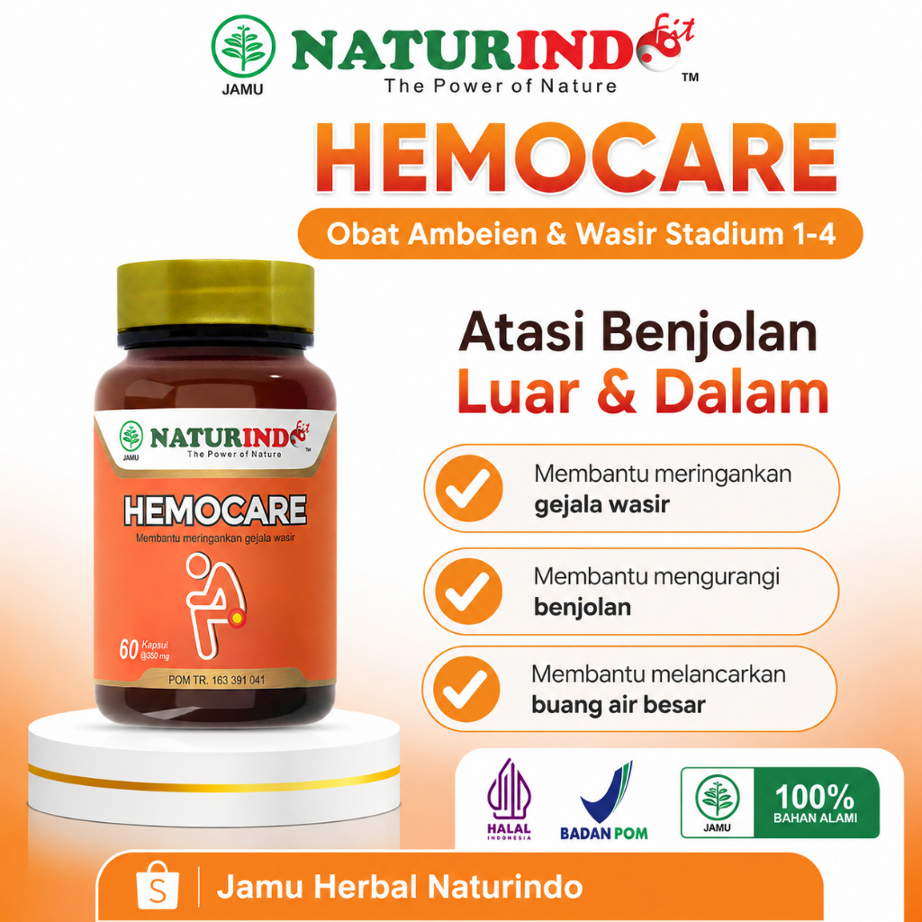 HEMOCARE Obat Ambeien & Wasir Stadium 1-4  Atasi BAB Berdarah & Benjolan Herbal Naturindo HALAL BPOM