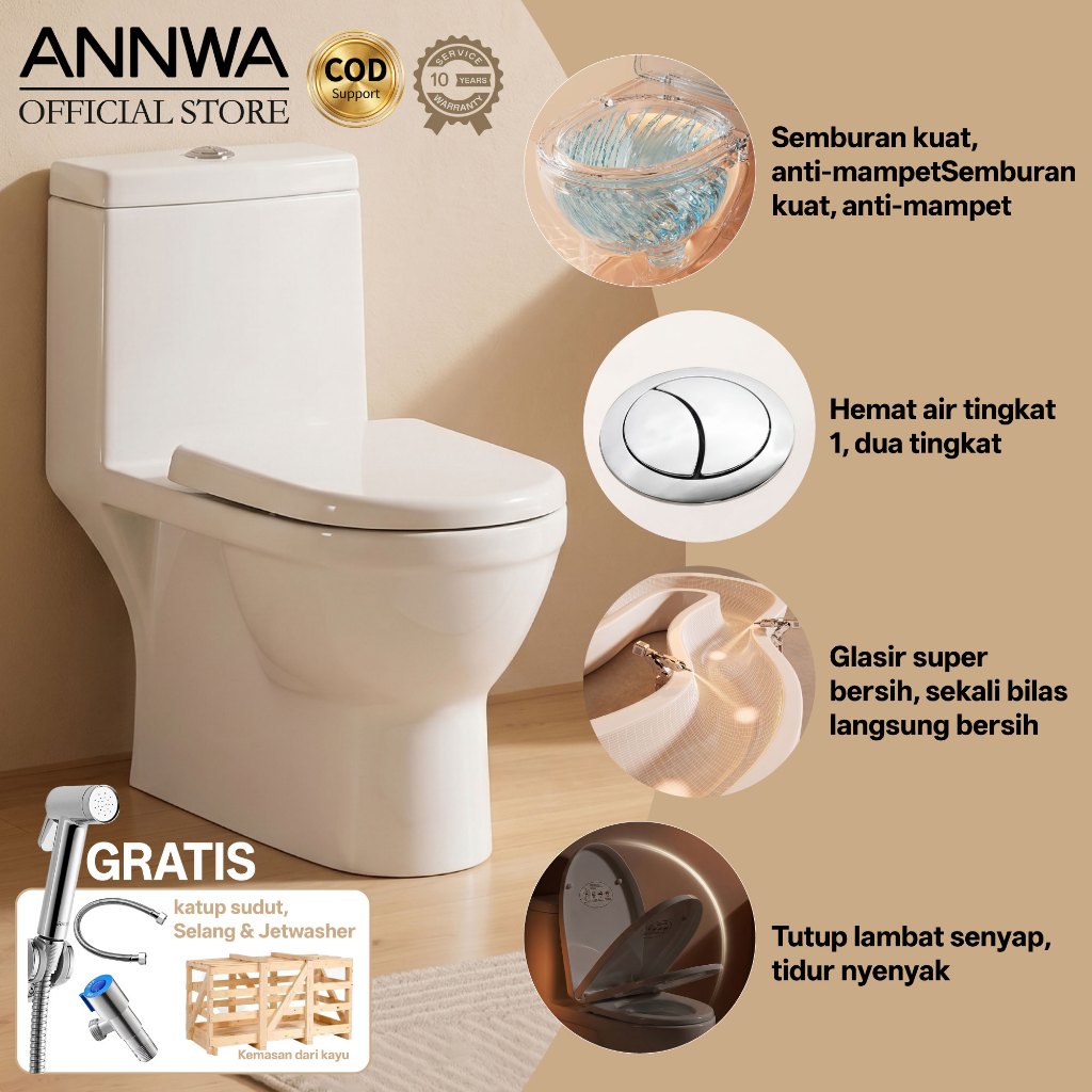 ANNWA Kloset / Closet Duduk Toilet Wash Down – Siram Lurus Tanpa Belokan • Flush Keras & Deras • Hemat Air • Tutup Lambat Senyap (Soft Closing) • Mudah Bersih • Anti Mampet • Model NHB1176M