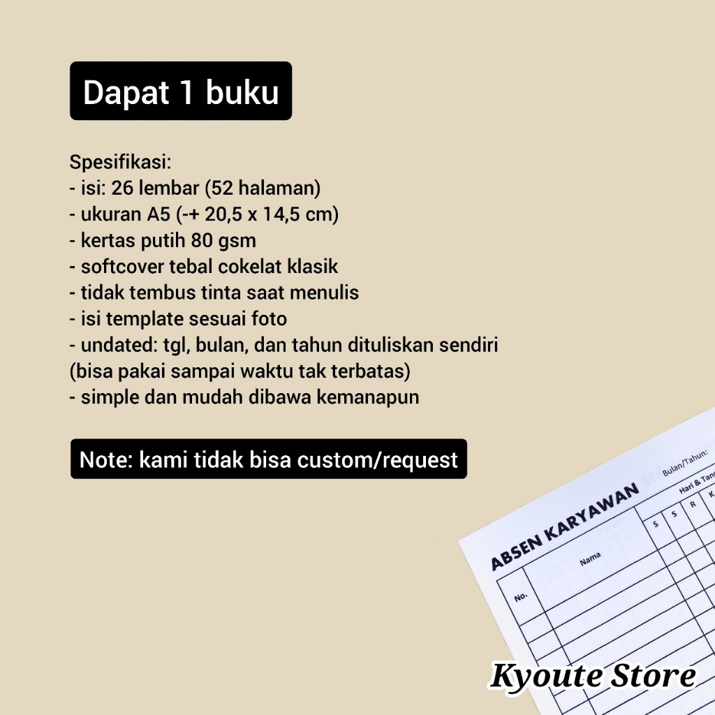 Jual Buku Catatan Absensi Karyawan Harian A5 Kyoute - Arsip Kehadiran ...