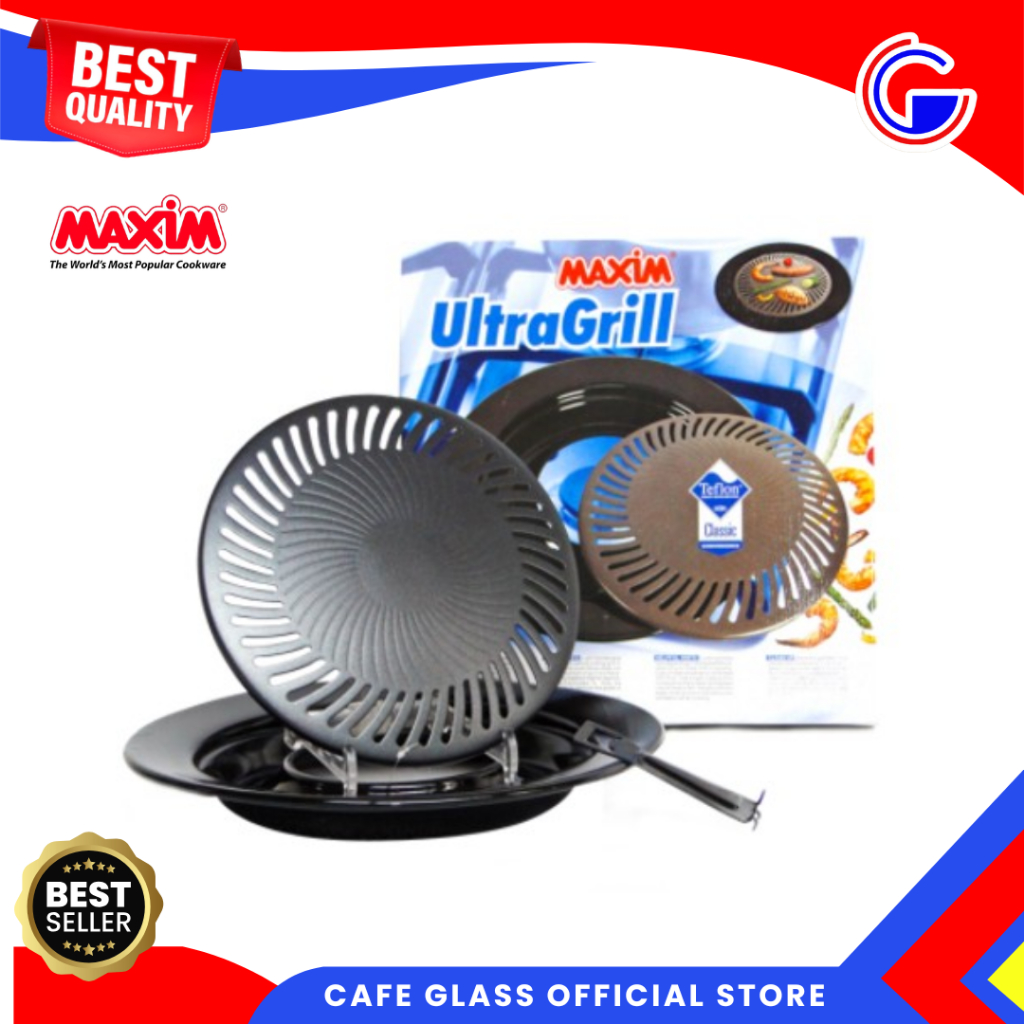 Maxim Ultra Grill Set Panggangan + Base Plate + Pengungkit Ori - Grill Pan Bulat Teflon Anti Lengket - Bakaran Daging All You Can Eat