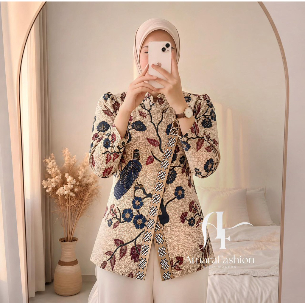 Blouse Batik Wanita Puff Sleeve - Atasan Batik Kantor Premium Kekinian - Motif Ummu Salamah