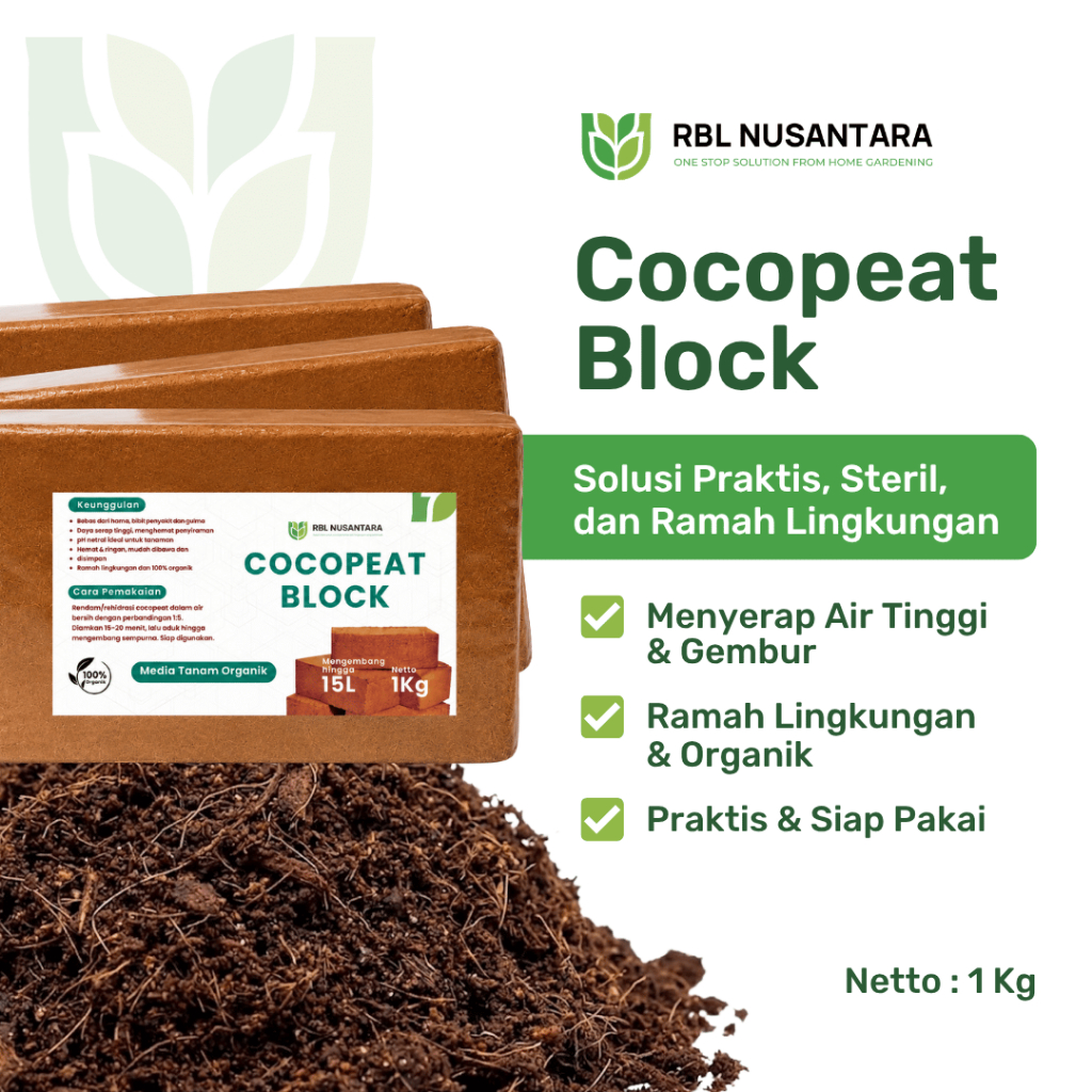 Cocopeat Block 1kg - Media Tanam Organik Serabut Kelapa, Praktis, Steril, Untuk Tanaman Hias, Sayuran, Bibit & Hidroponik - RBLN