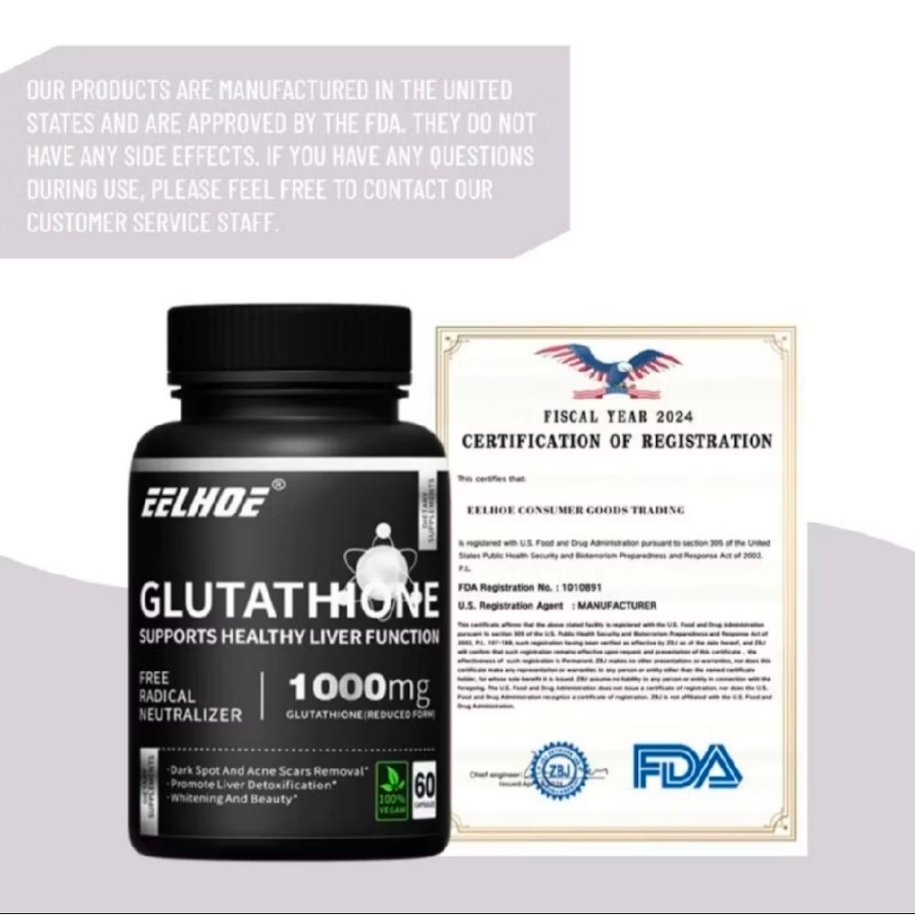 eelhoe glutathione 1000mg EELHOE Glutathione 1000 Mg, Pemutih, Antioksidan, Vegetarian, 60 Kapsul