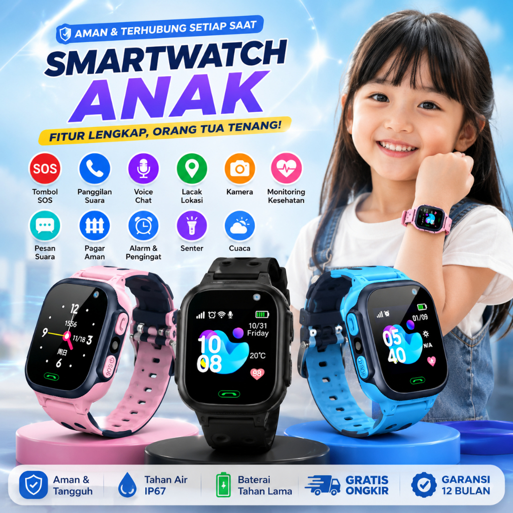 Smartwatch Anak Jam Tangan Pintar - GPS SOS Kamera Tahan Air lP67 Bisa Telpon Chat untuk Perempuan Laki-laki Siswa SD