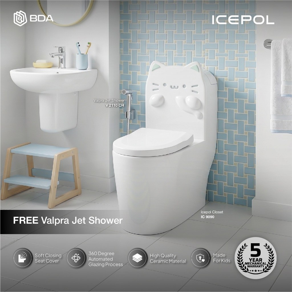 Icepol Kloset Toilet WC Duduk Anak Desain Kucing Soft Close Siphonic Closet Kids Modern IC-9090 WT