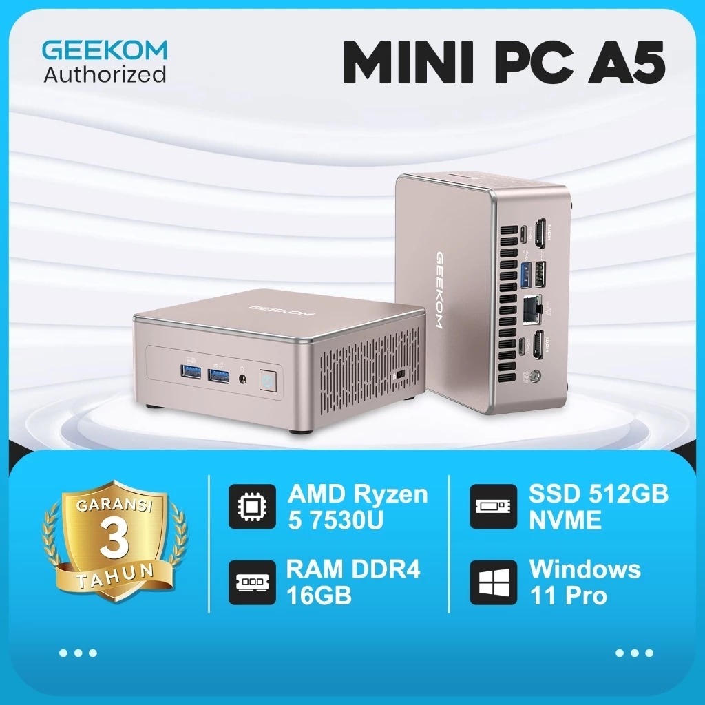 GEEKOM A5 Mini PC with AMD Ryzen 5 7530U, 3-Year Coverage, 16GB RAM&512GB M.2 NVMe SSD,SD Slott, 8K