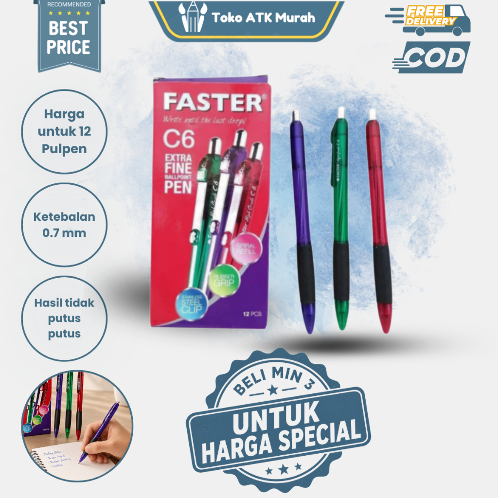 Jual 1 Pak Pulpen Ballpoint Faster C6 Extra Fine Tip dengan Rubber Grip ...