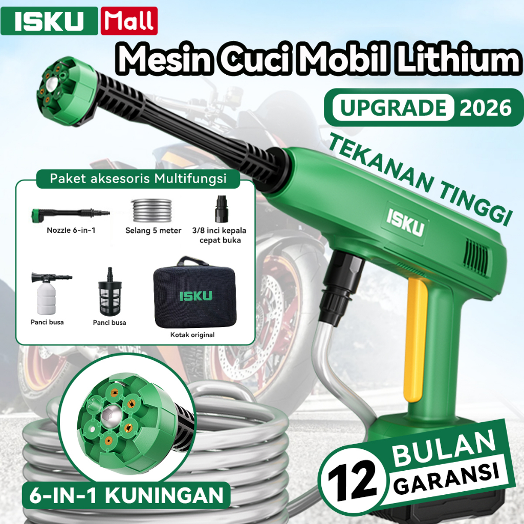 ISKU Jet Cleaner Cordless 21V Mesin Cuci Mobil Motor Baterai Semprotan Air Tekanan Tinggi High Pressure Washer Portable Nozzle 6 in 1 Kuningan Hisap Air Ember Alat Cuci AC Karpet Siram Tanaman Pembersih Lumut Praktis Tanpa Kabel Heavy Duty