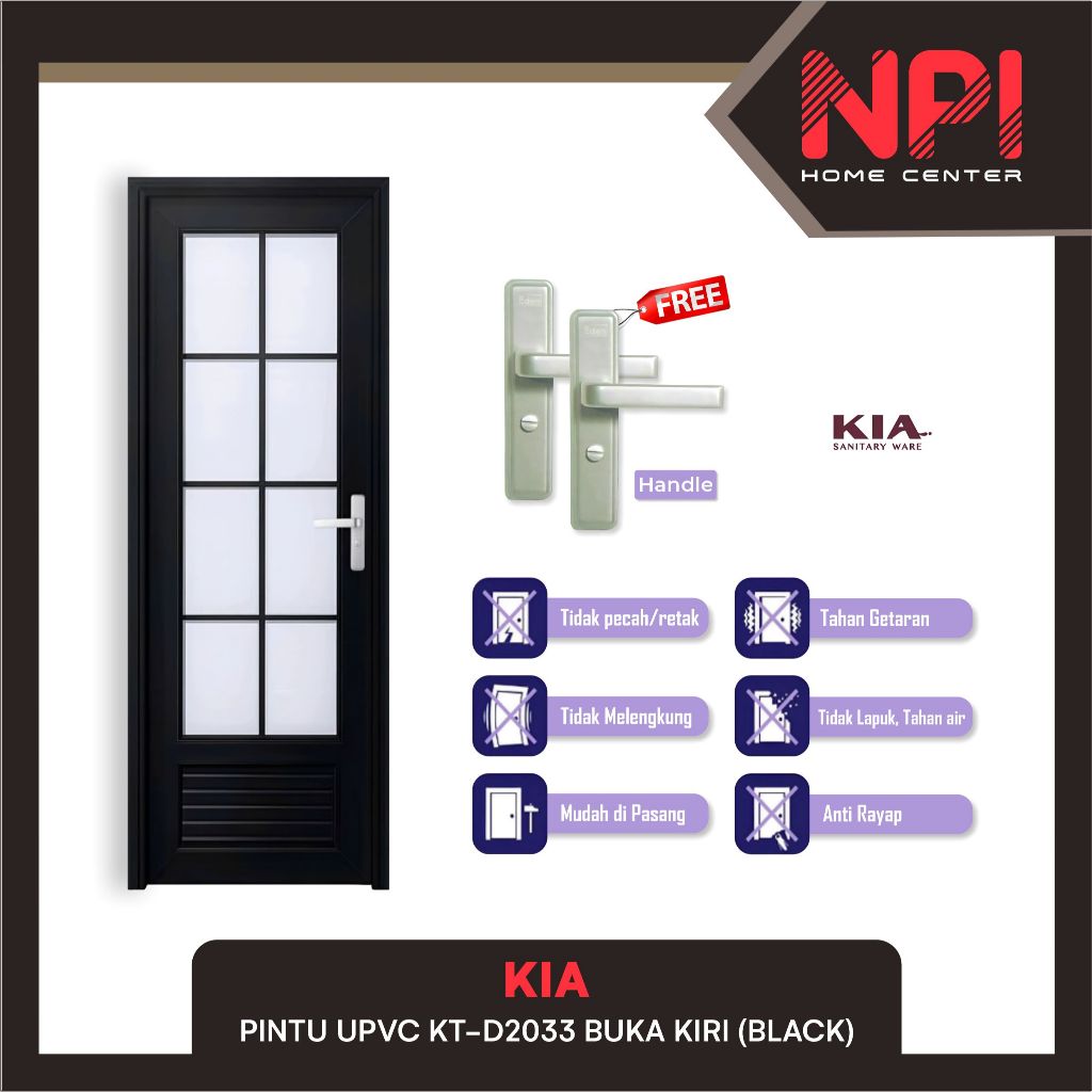 Kia - Pintu Kamar Mandi / Toilet / WC KT-D2033 UPVC Black Hitam 70x200 Handle Kanan Buka Kiri