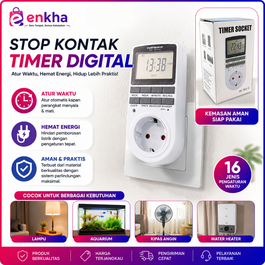 Jual Taffware Stop Kontak Timer Digital 10 Program EU Plug 16A 230V ...