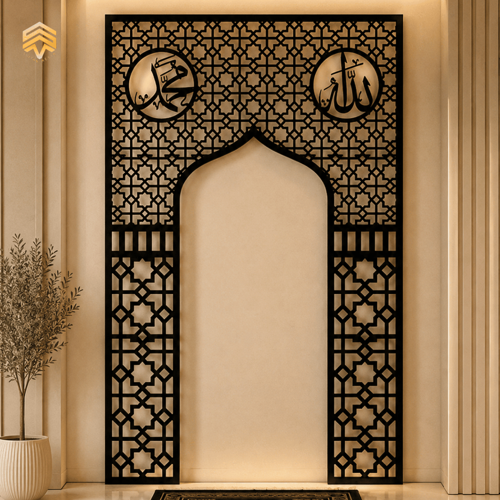 SULTAN MESIN -  Mihrab Dekorasi Mushola Rumah Masjid Mewah Kaligrafi Lafadz Allah Muhammad Hiasan Dinding