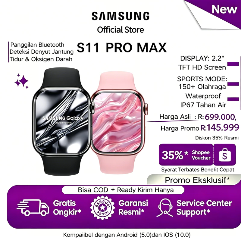 SAMSUNG S11Pro MAX Smartwatch Bluetooth Call 2.2'' AMOLED Darah Pemantau Tidur Tekanan Darah Suhu Tubuh Pantau Stres Siklus Menstruasi NFC GPS Waterproof Tahan Air Heart Rate Monitor Detak Jantung Olahraga Jam Tangan Pintar Pria Wanita Wireless Charging