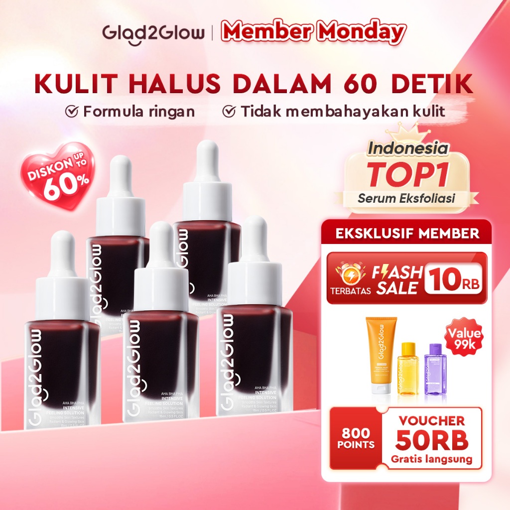 Glad2Glow Peeling Solution Serum Eksfoliasi Wajah 60 detik Menghaluskan Kulit AHA BHA PHA serum wajah glowing pelembab mencerahkan peeling exfoliating serum g2glow official store