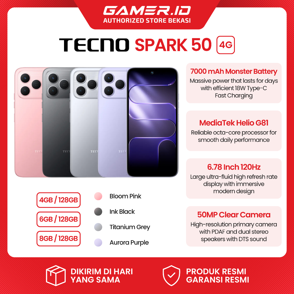 Tecno Spark 50 4G 4GB 6GB 8GB RAM 128GB Helio G81 120Hz 50MP Clear Camera 7000mAh NFC Garansi Resmi