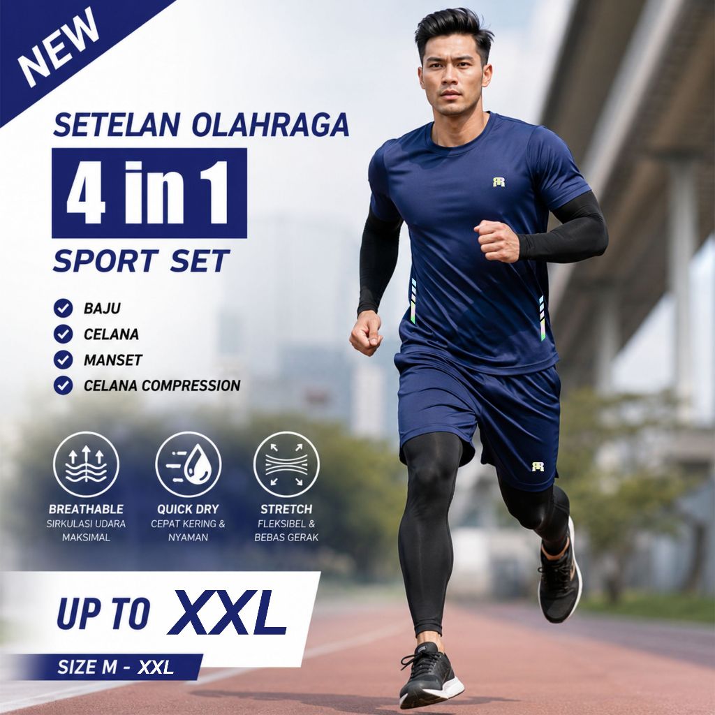 Jersey Olahraga 4 in 1 Baju Setelan dan Manset Set  Lengkap Bahan Dry Fit Adem Menyerap Keringat Pria Wanita Cepat Kering