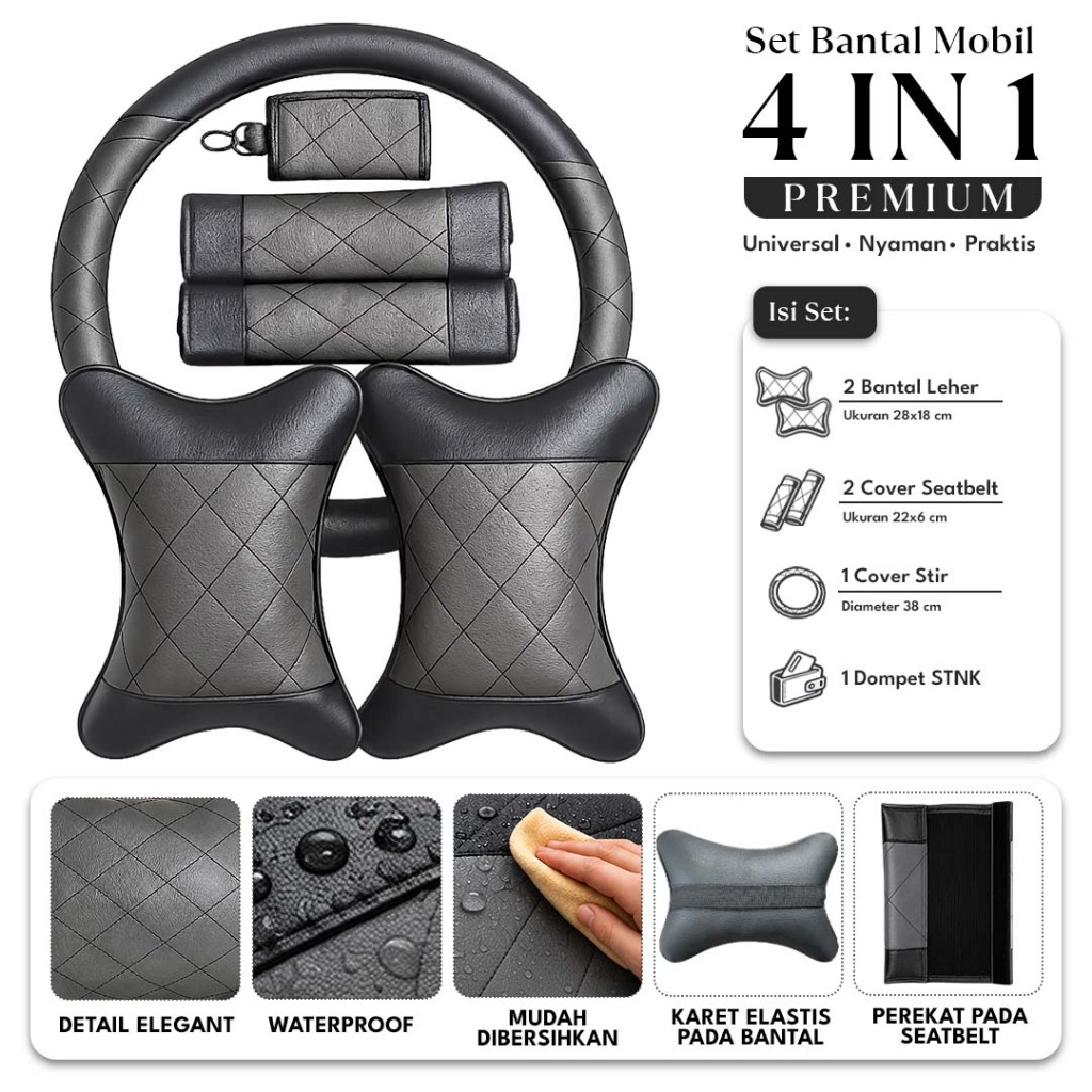Set Bantal Mobil Kulit Sintetis Premium Bozman 4 in 1 Bantal Leher Cover Stir Seat Belt Bonus Dompet STNK