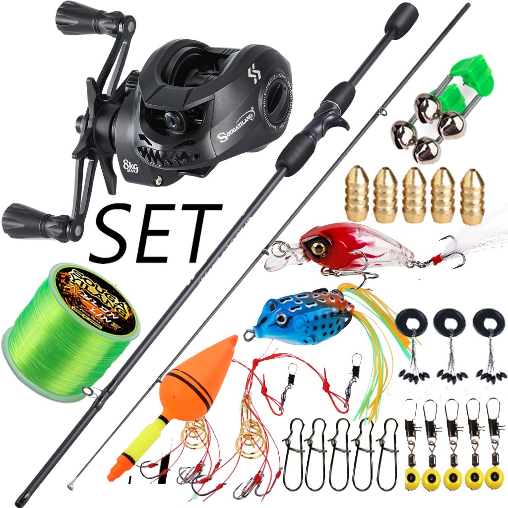 Sougayilang Pancing Set 1.8m Carbon Fiber Fishing Rod with Fishing Reel Lure 7.2:1 Gear Ratio Max Drag 10kg