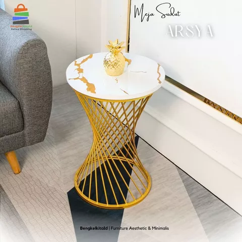 Meja Sudut Aesthetic Arsya Side Table Minimalis Ruang Tamu Rangka Besi Marmer