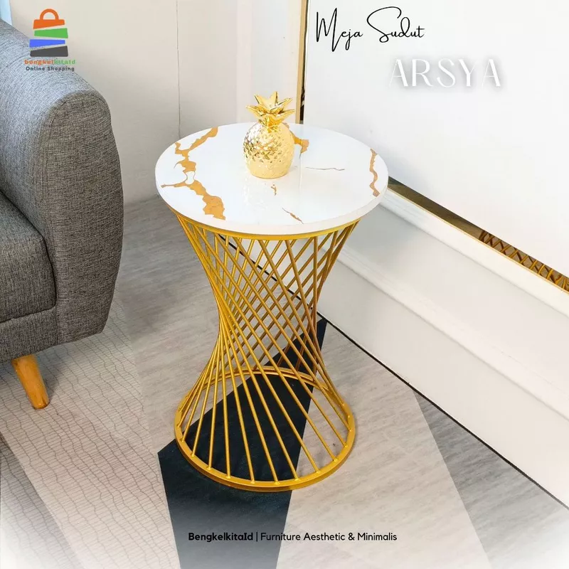 Meja Sudut Aesthetic Arsya Side Table Minimalis Ruang Tamu Rangka Besi Marmer