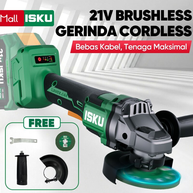 ISKU Mesin Gerinda Tangan Cordless Brushless 4“ 100mm 21V 3 Kecepatan 7500RPM Multifungsi Potong Besi Keramik Poles Kayu Ada Varian Unit Saja/Charger/Baterai