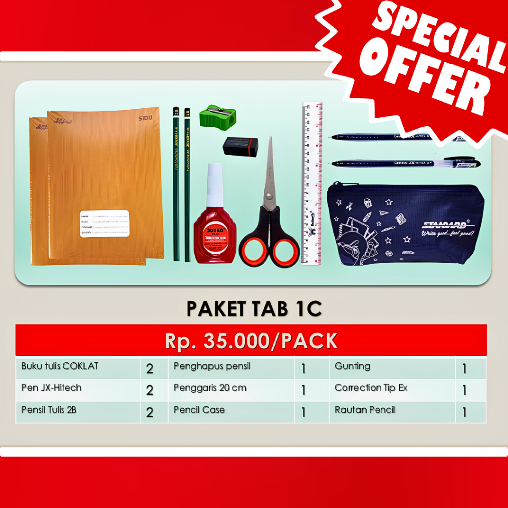 Standard - Paket TAB 1C ( Buku, Pensil, Pulpen, Penghapus, Rautan, Penggaris, Tip Ex, Gunting, Pencase )