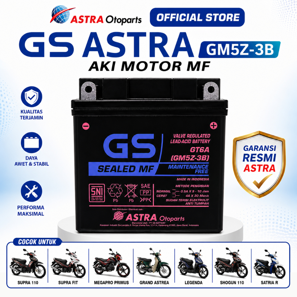 Aki Motor Supra 100cc Series, Supra Fit, Mega Pro Primus, Astrea Grand, Astrea prima GS Astra GM5Z3B GT6A Accu Kering Honda