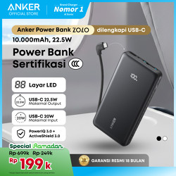 Anker Zolo Portable Power Bank 3C / CCC 10,000mAh / 20,000mAh 3 ports with Built-in Type-C Cable Type-A port 22.5W Fast Charging PD PPS, Pass Through Charging, Compatible for iPhone, Samsung - A110D / A110E