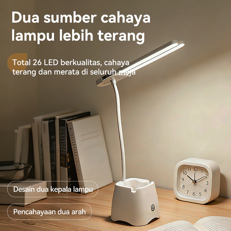 BASIKE Lampu Meja Belajar Tidur Lipat DM52 Dual Head 26 LED 3 Suhu Cahaya Tempat
