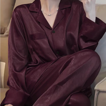 Set Piyama Wanita Berbahan Sutra Satin Jacquard Sleepwear Pajamas Long Sleeved Korean Style