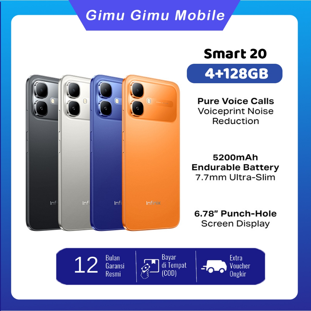 [New Launch] Infinix Smart 20 4/128GB - Up to 8GB Extended RAM - Mediatek Helio G81 - 6.78” - 8MP - 5200 mAh - IP64