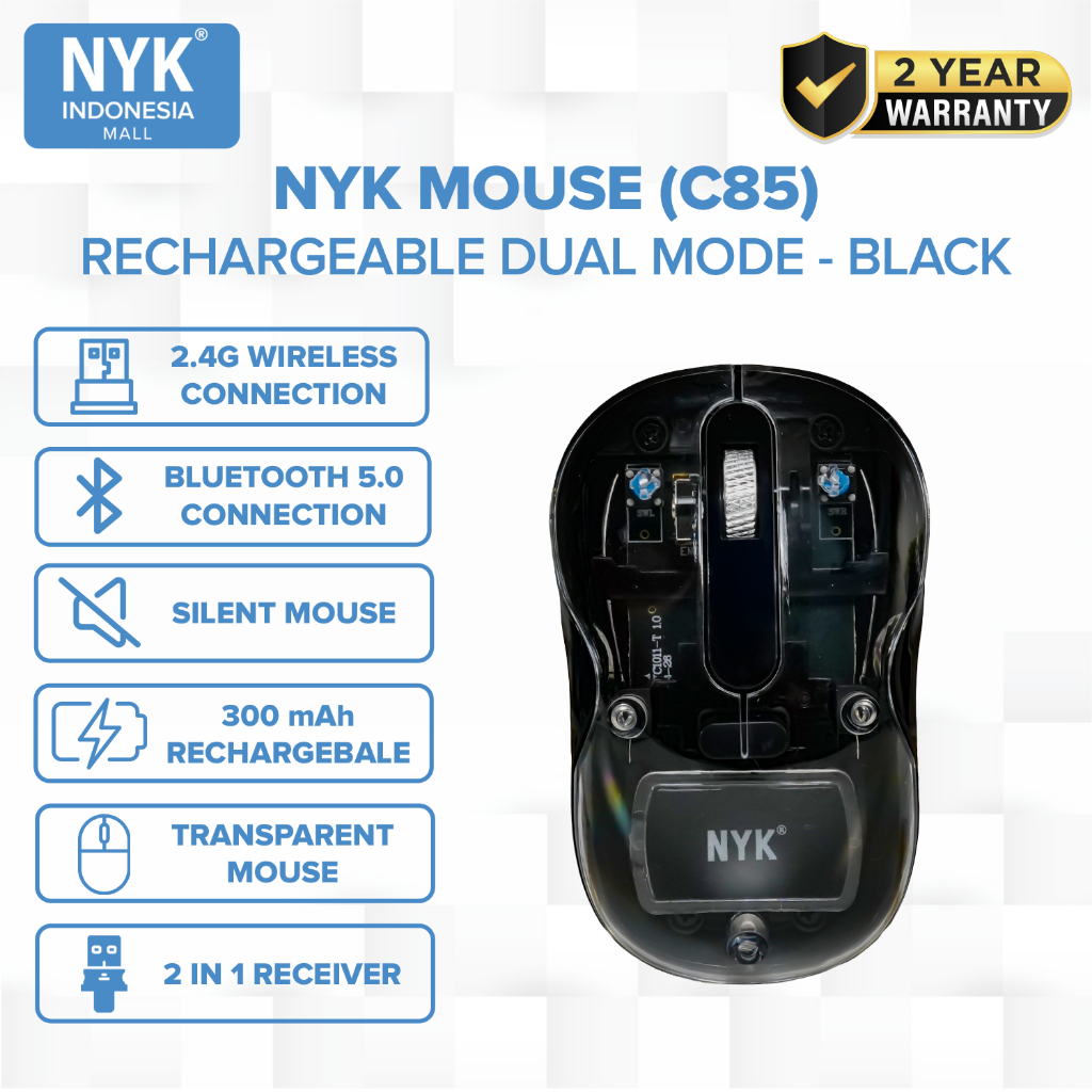NYK Mouse  C85 Dual Mode Rechargeable Wireless Silent Optical Transparan Hitam COD