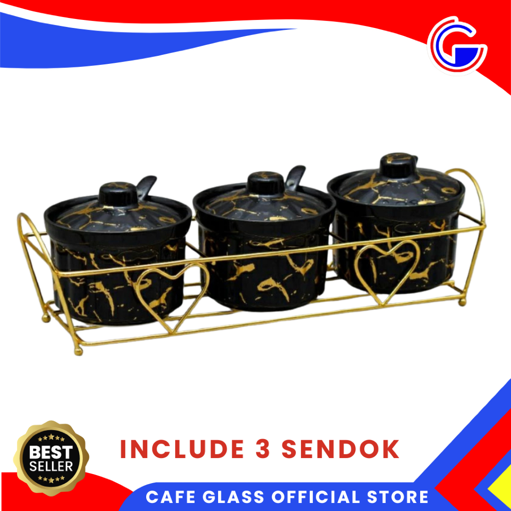 Fiorenza Tempat Bumbu Keramik Set Marmer 3 Wadah Sambal 3 Sendok 1 Rak Emas 812Q  Dekor Meja Makan