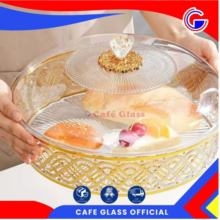 Nampan Prasmanan Bulat Sultan Takawa Tutup Transparan - Wadah Saji Kue Buah Akrilik Gold Aesthetic Display