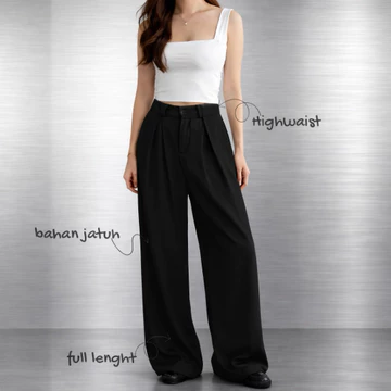 Celana Kulot Wanita High Waist Premium Hitam Kerja Kantor Formal Casual Bahan Tebal Jatuh Elegan