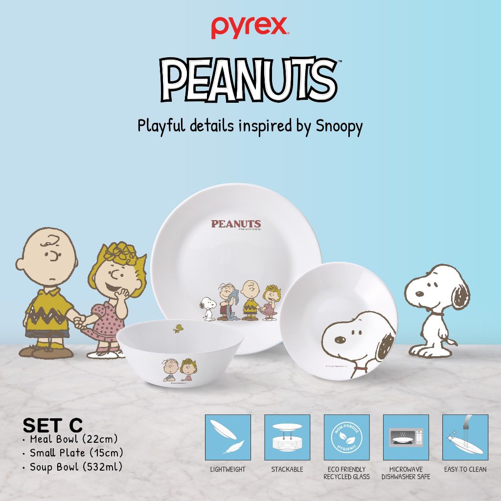 Jual PYREX Peanuts Snoopy Dinner Set 3 Pcs Pring Mangkuk Makan ...