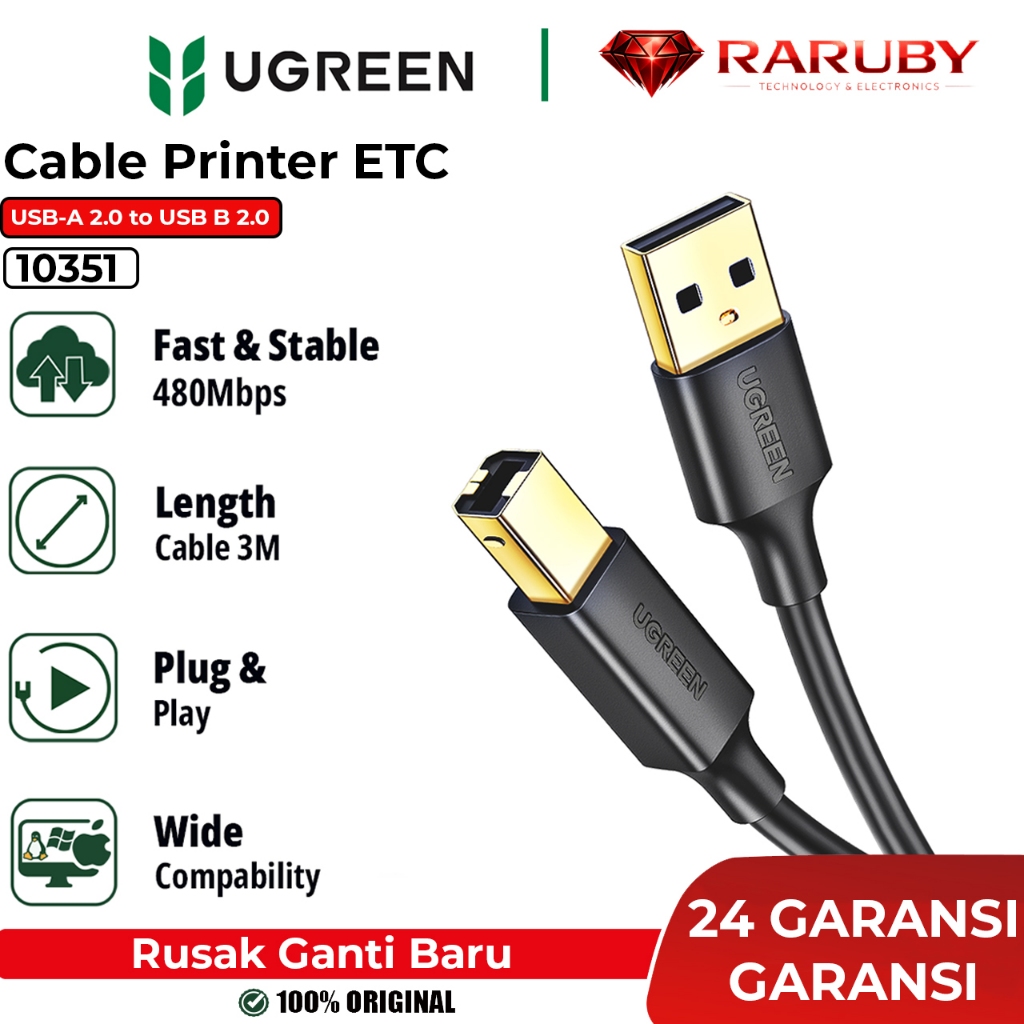 Jual UGREEN Cable Gold Printer Scanner Cord USB A Male 2.0 To USB B ...